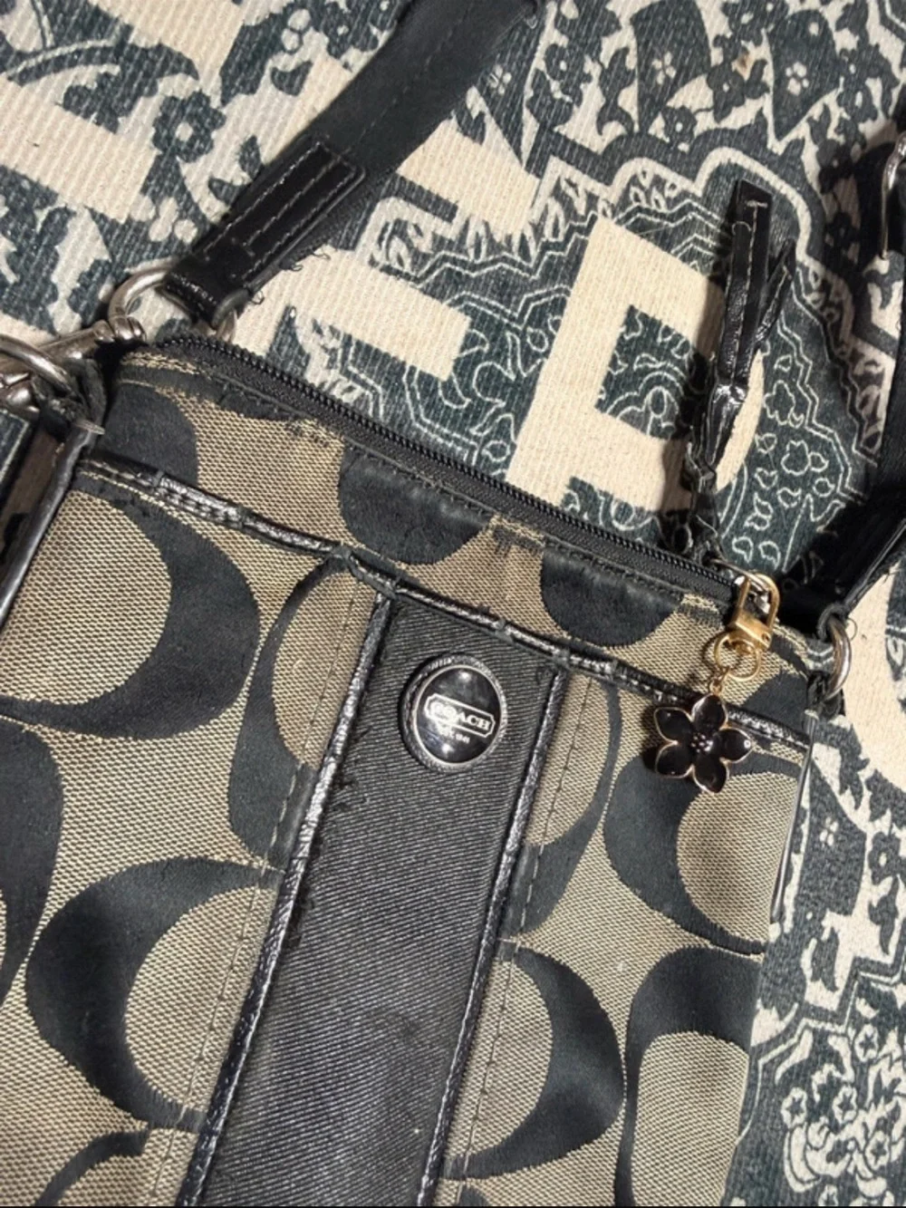 Coach Khaki and Black Signature Canvas Crossbody with Flower Charm